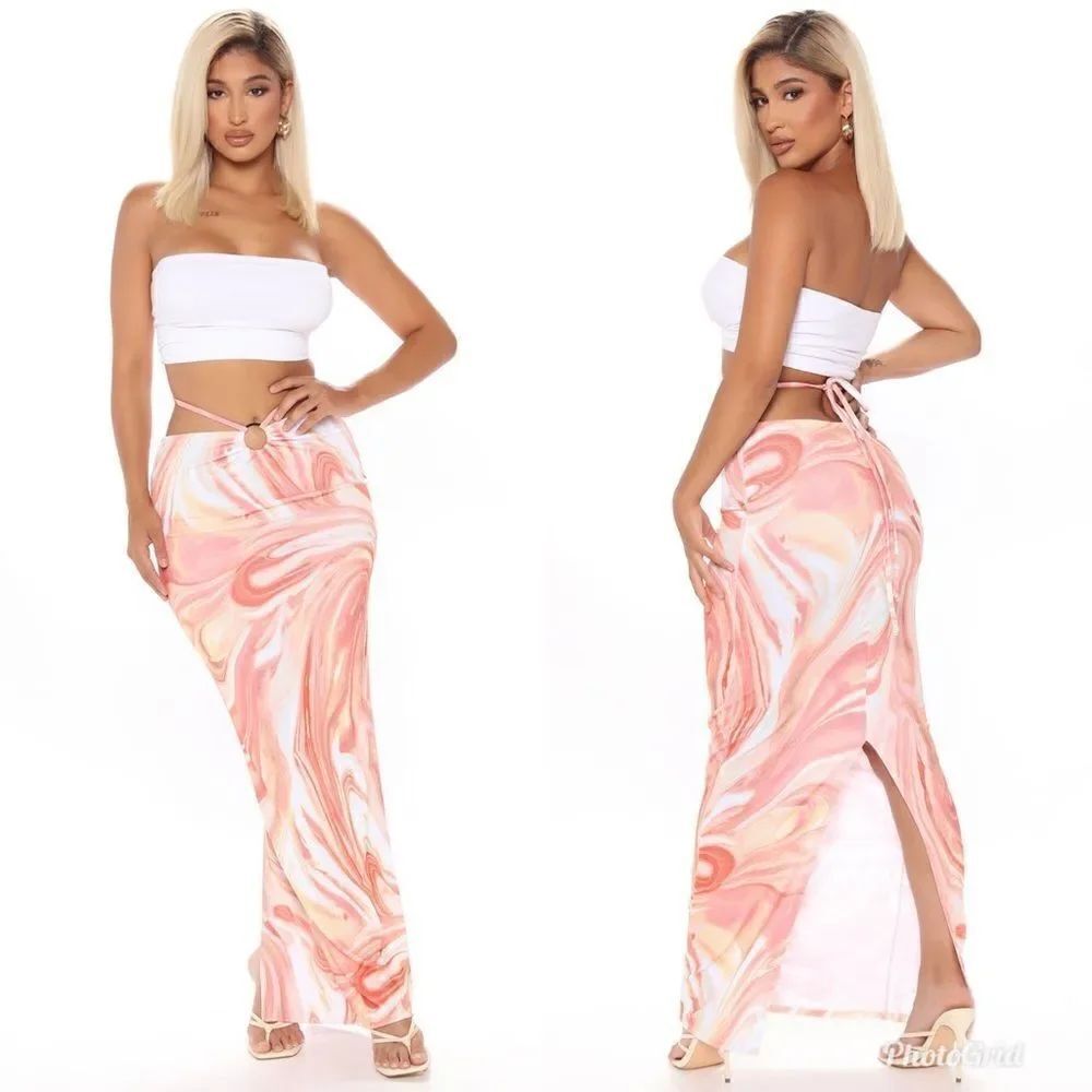 Fashion Nova ‘Set The Tone’ Orange Pink Yellow Swirl Maxi Skirt